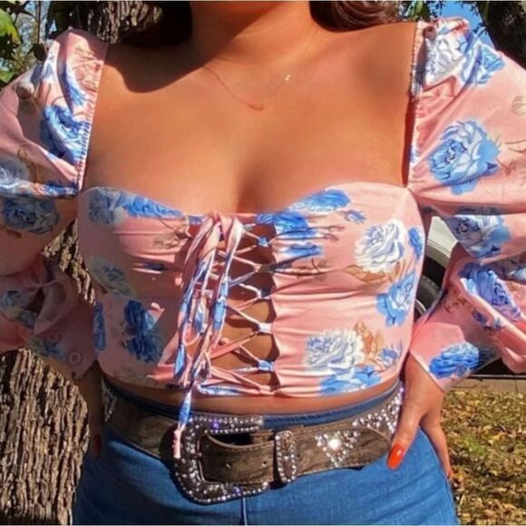 CBR Beautiful Blush Pink Floral Lace-Up Crop Top XL - Picture 5 of 8